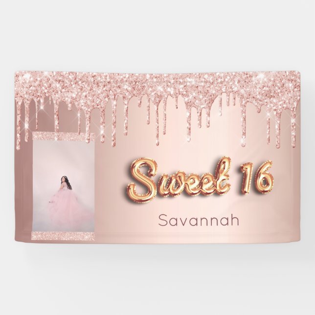 Lona Dulce personalizado de 16 años rosa  purpurina de  (Horizontal)