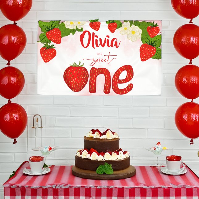 Lona Dulce plantilla de fiesta de cumpleaños de fresa (Sweet one strawberry birthday party template banner personalized birthday decor)