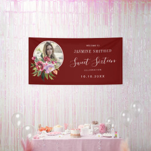 Lona Dulces 16 Cumpleaños Temático Burgundy Floral Foto