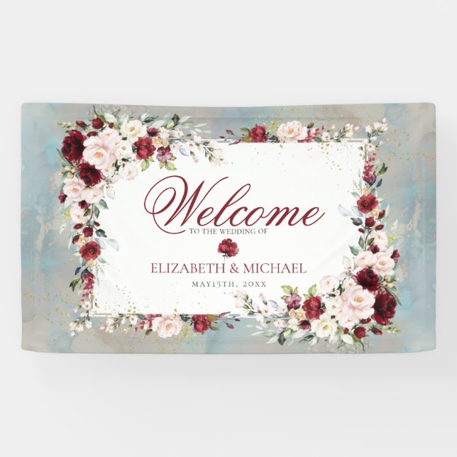 Lona Dusty Blue Burgundy Rubor Floral Elegant Wedding (Horizontal)