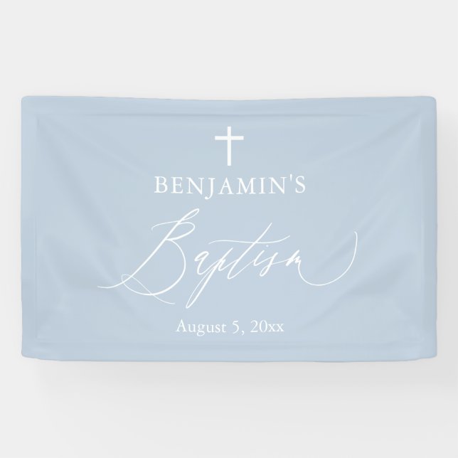 Lona Dusty Blue Cross White Boy Baptism Backdrop Banner (Horizontal)