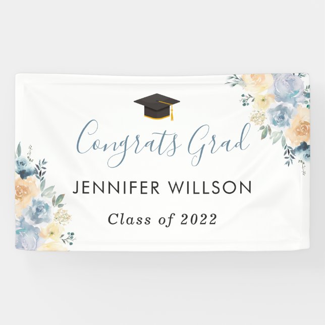 Lona Dusty Blue Floral Congrats Grad Graduation Party (Horizontal)
