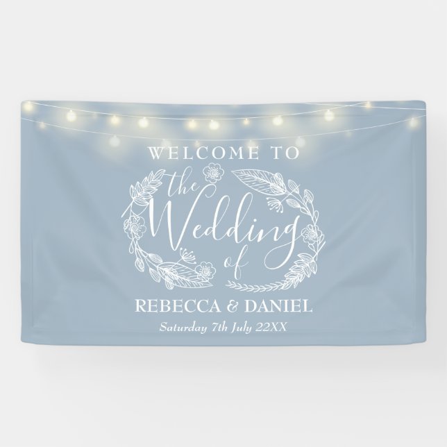 Lona Dusty Blue Floral Garland Script Boda (Horizontal)