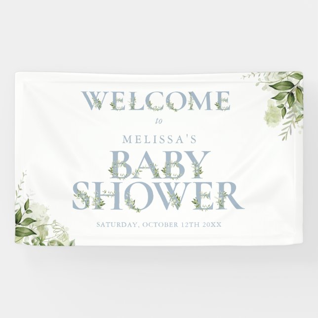 Lona Dusty Blue Greenery Carta de bienvenida Baby Showe (Horizontal)