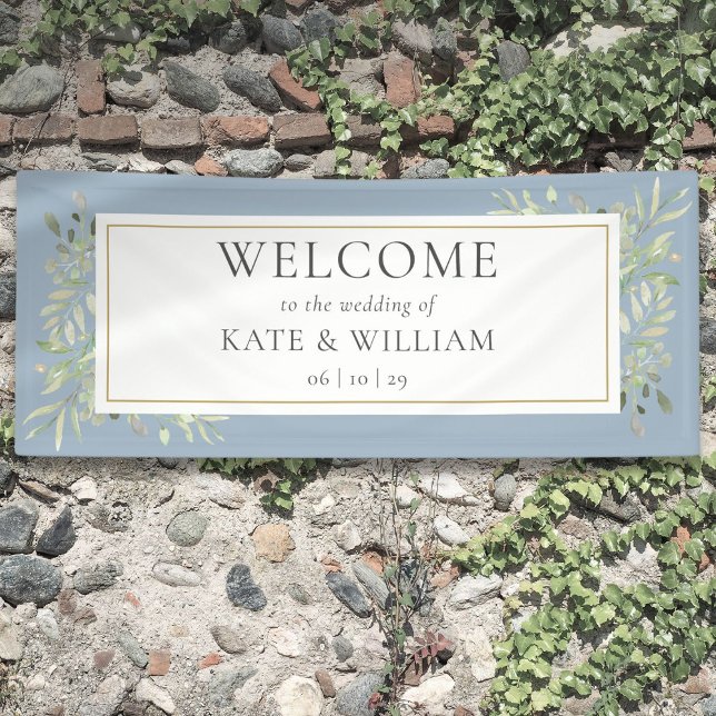 Lona Dusty Blue Greenery Foliage Boda Bienvenida (Dusty Blue Greenery Foliage Wedding Welcome Banner)