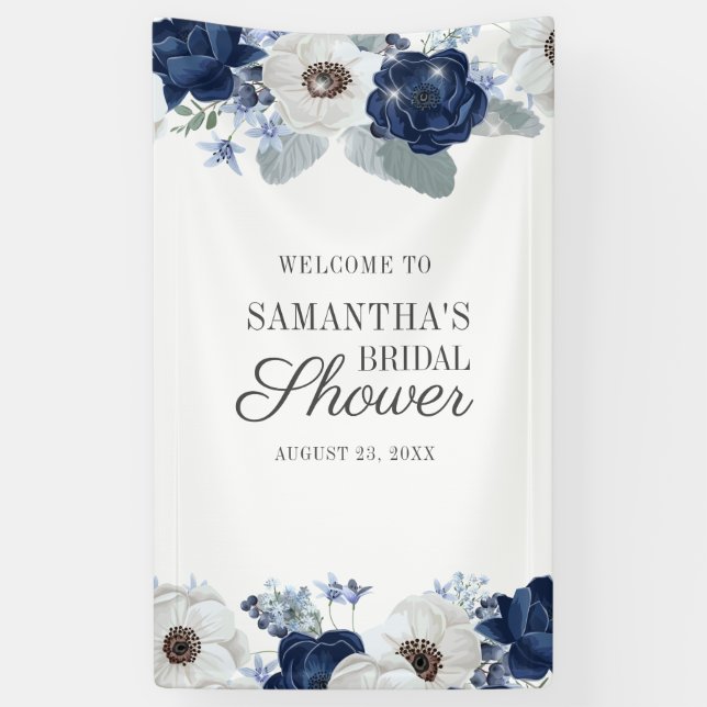 Lona Dusty Blue Navy Floral Bloom Bridal Shower (Vertical)