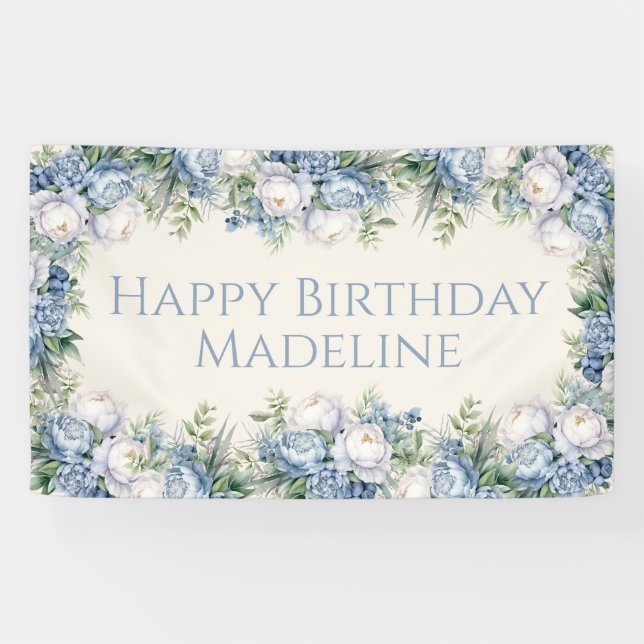 Lona Dusty Blue White Roses Feliz cumpleaños (Horizontal)