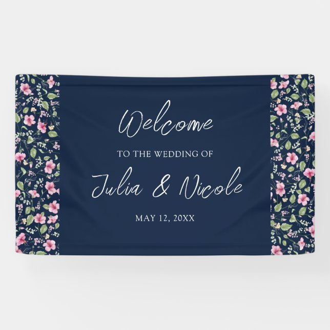 Lona Dusty Navy Blue Pink Hibiscus Bloom Shower (Horizontal)