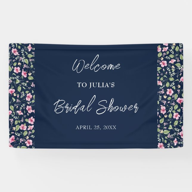 Lona Dusty Navy Blue Pink Hibiscus Bloom Shower (Horizontal)