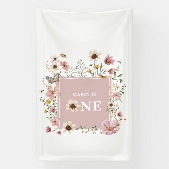 Lona Dusty Pink Wildflower Butterfly 1st Birthday (Vertical)