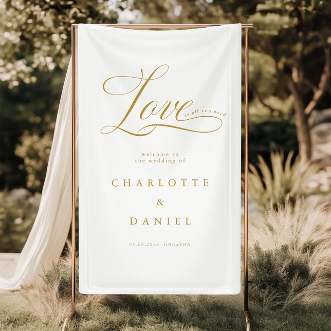 Lona ¡El amor es todo lo que necesitas! Elegante, boda (Love is all you need! Personalized, Elegant, welcome, wedding Banner with your names and date.)