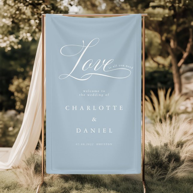 Lona ¡El amor es todo lo que necesitas! Elegante, boda (Love is all you need! Personalized, Elegant, welcome, wedding Banner with your names and date.)
