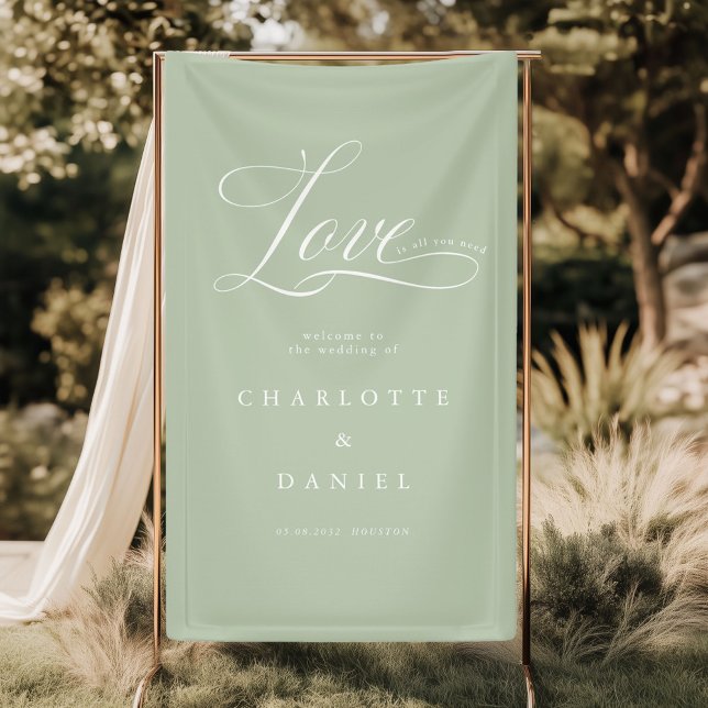 Lona ¡El amor es todo lo que necesitas! Elegante, boda (Love is all you need! Personalized, Elegant, welcome, wedding Banner with your names and date.)