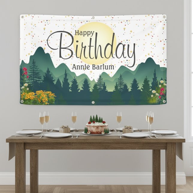 Lona El cartel de cumpleaños "Mountain Escape" (The "Mountain Escape" Birthday Banner | Personalized Wilderness Party Décor)