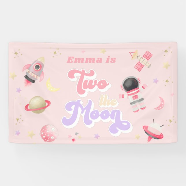 Lona El cumpleaños espacial Rosa Dos en la Luna (Horizontal)