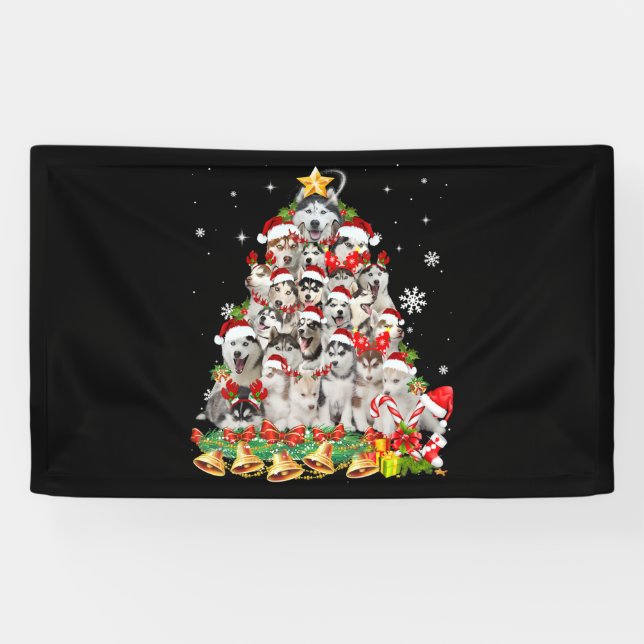 Lona El Husky Siberiano Árbol De Navidad Enciende A Un  (Horizontal)