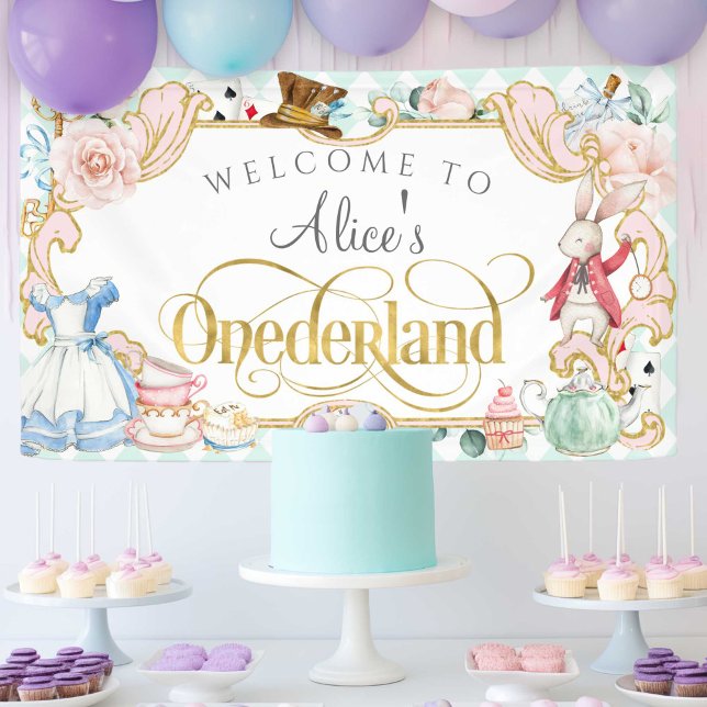 Lona El telón de fondo de primer cumpleaños del chica d (GIrl 1st birthday, Alice onederland banner decoration in teal.)