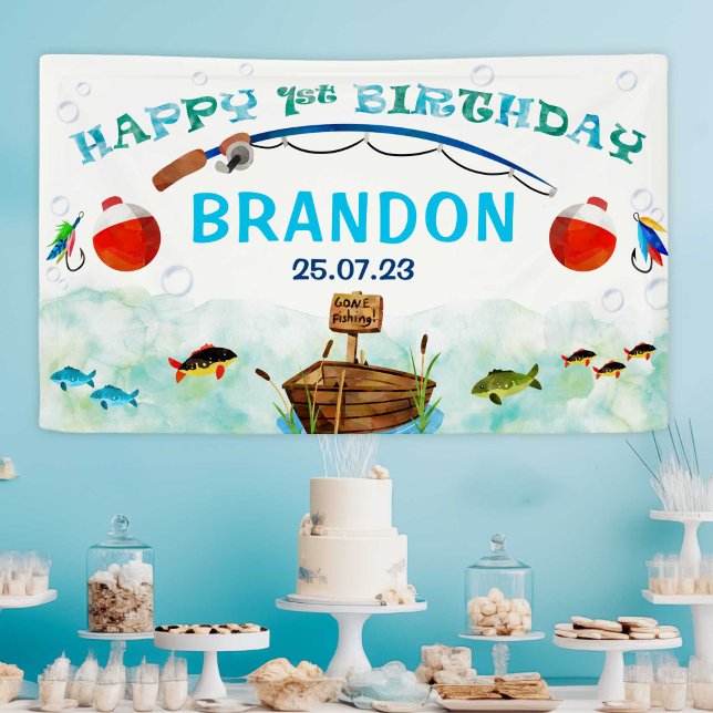 Lona El tema de la pesca con peces transzonales del pri (Fishing themed, boy 1st birthday banner. O-Fish-Ally, little fisherman birthday decoration.)