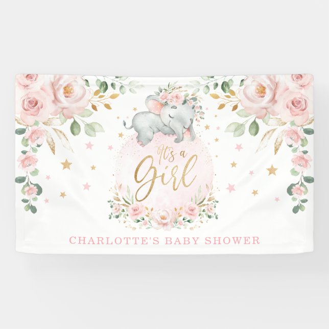Lona Elefante Adorable Rubor Pink Floral Baby Shower (Horizontal)