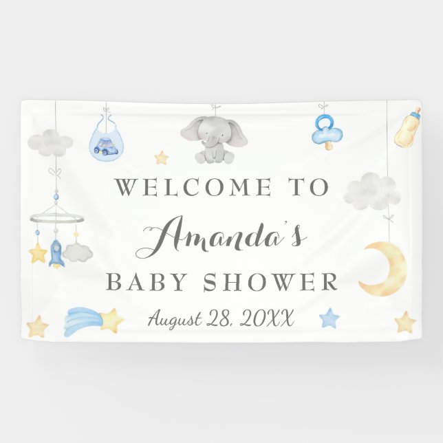 Lona Elefante Azul Niño Bebé Cosa Fondo Baby Shower (Horizontal)