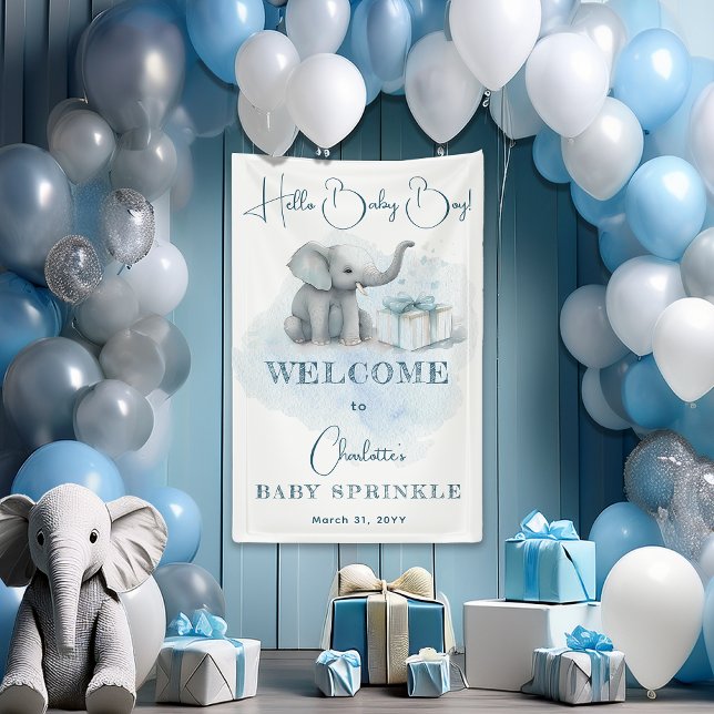 Lona Elefante bebé Hola Niño Niño Bebé Azul Espolvorear ("Hello Baby Boy" Baby Elephant Boy Blue Baby Sprinkle or Shower Vertical Banner)