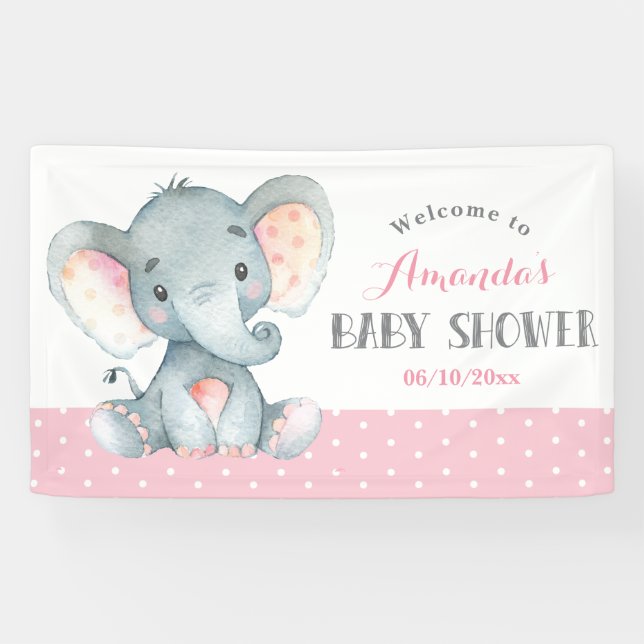 Lona Elefante chica Baby Shower rosa y gris (Horizontal)