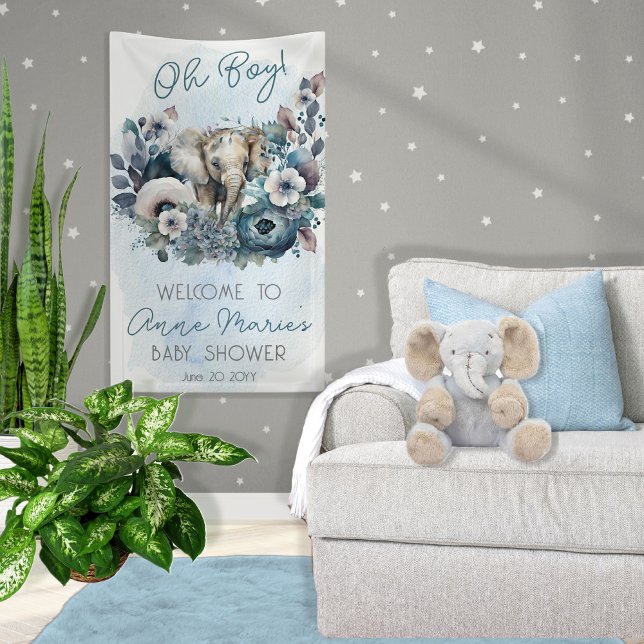 Lona Elefante Oh Boy Blue Floral Baby Shower (Subido por el creador)