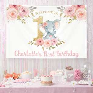 Lona Elefante Primer cumpleaños Un fondo floral rosado