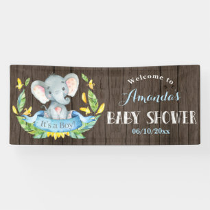 Lona Elefante rústico Baby Shower azul y gris
