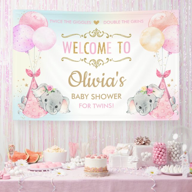 Lona Elefantes Cute Chicas gemelos Baby Shower fondo (Fiesta)