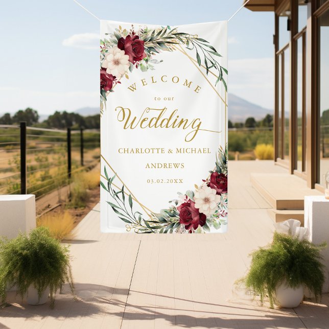 Lona Elegancia Rústica  Flores, Geométrico-Dorado, Boda (Rustic Elegance Flowers, Gold-Geometric, "Welcome" Wedding Banner With Your Name & Date.)