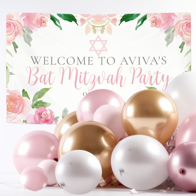 Lona Elegant Bat Mitzvah Party Personalized Pink Floral (Subido por el creador)