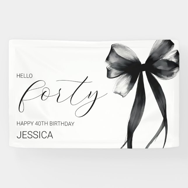 Lona Elegant Black Bow Hello Forty 40th Birthday Party (Horizontal)
