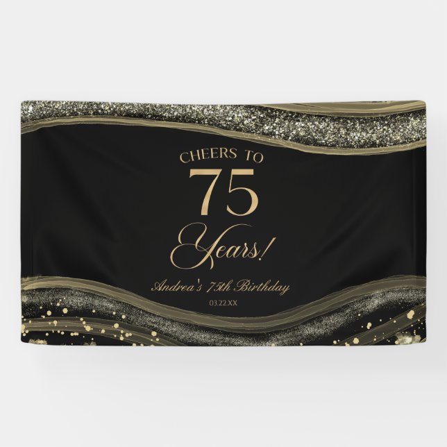 Lona Elegant Black Gold Agate 75th Birthday Party (Horizontal)