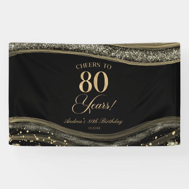 Lona Elegant Black Gold Agate 80th Birthday Party (Horizontal)