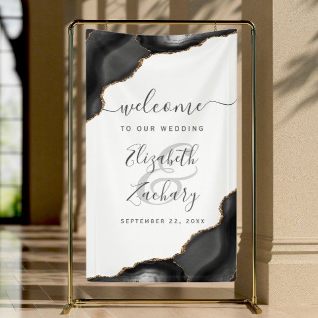 Lona Elegant Black Gold Agate Wedding Welcome (Subido por el creador)