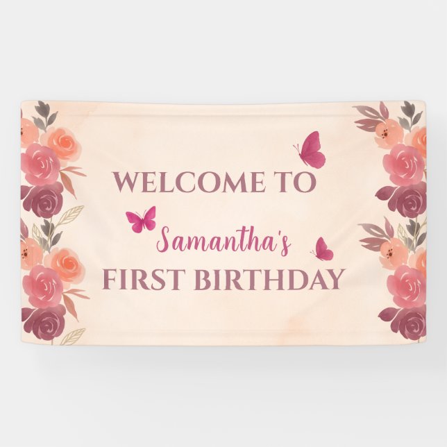 Lona Elegant Blush Pink Floral Butterrfly 1st Birthday  (Horizontal)