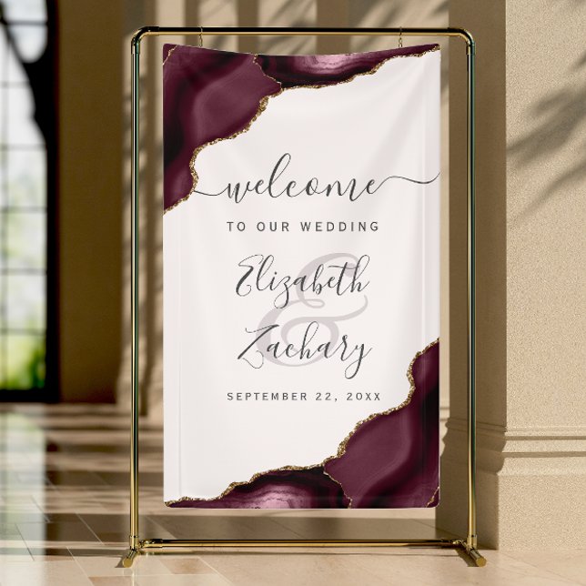 Lona Elegant Burgundy Gold Agate Blush Wedding Welcome (Subido por el creador)