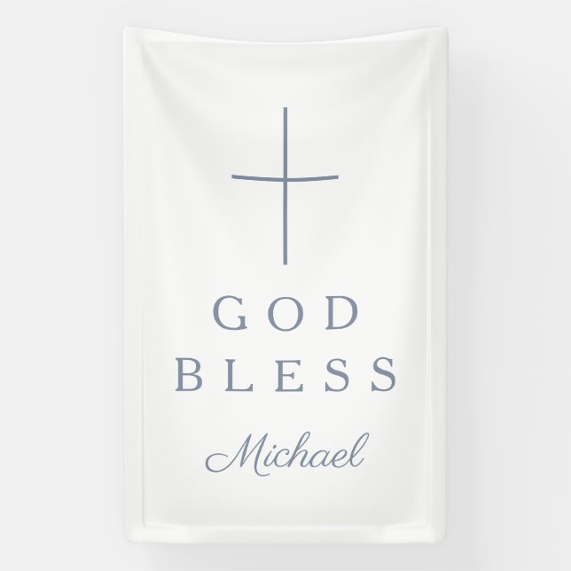 Lona Elegant Dusty Blue Religious Cross Boy God Bless (Vertical)
