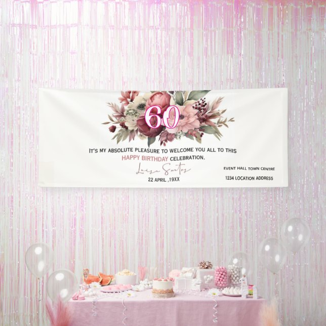 Lona Elegant Floral 60th Happy Birthday Banner (Fiesta)