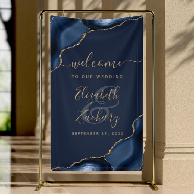 Lona Elegant Navy Blue Gold Agate Wedding Welcome (Subido por el creador)