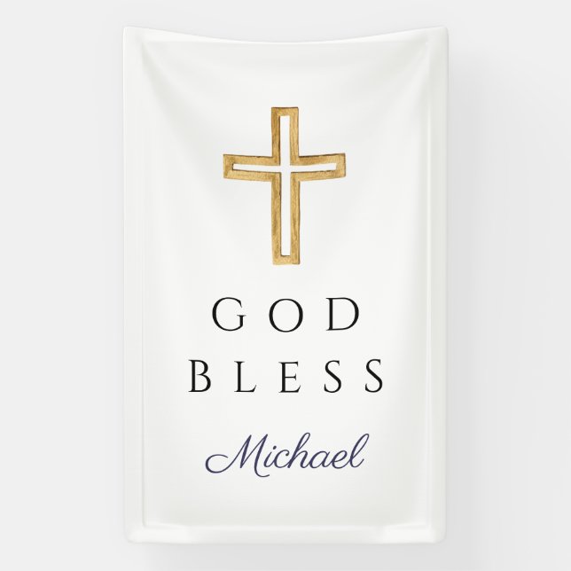 Lona Elegant Navy Blue Script Religious Boy God Bless (Vertical)