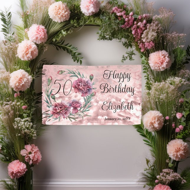 Lona Elegant Pink Carnations 50th Birthday Party  (Elegant Pink and Mauve Carnations 50th Birthday Party 3 ft x 5 ft Banner)