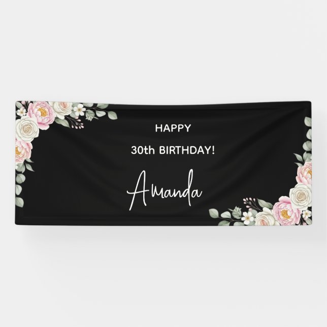 Lona Elegant Pink Floral Personalized Birthday Banner (Horizontal)