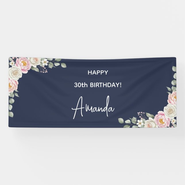 Lona Elegant Pink Floral Personalized Birthday Banner (Horizontal)
