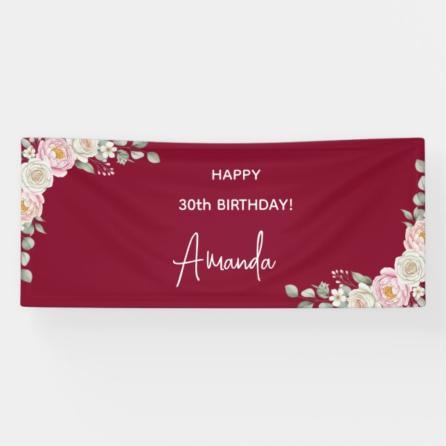 Lona Elegant Pink Floral Personalized Birthday Banner (Horizontal)