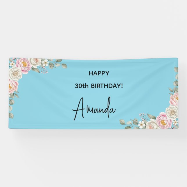 Lona Elegant Pink Floral Personalized Birthday Banner (Horizontal)