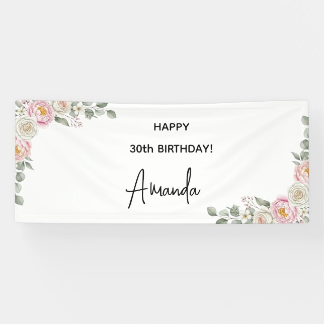 Lona Elegant Pink Floral Personalized Birthday Banner (Horizontal)