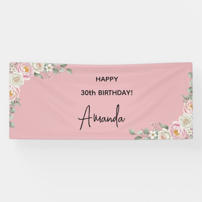 Lona Elegant Pink Floral Personalized Birthday Banner (Horizontal)