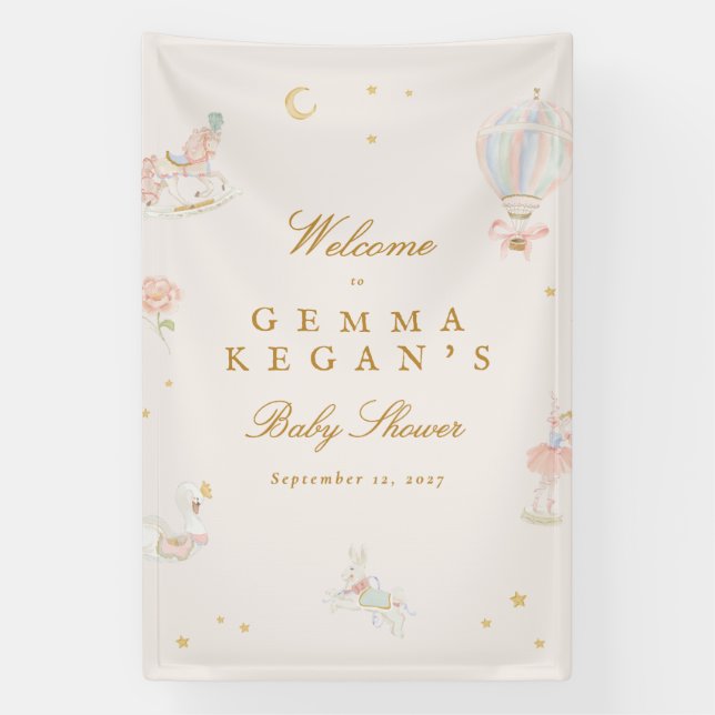 Lona elegant pink girl fairytale Baby Shower welcome (Vertical)